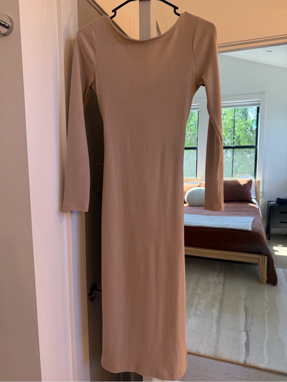 Astr Ribbed Long Sleeve Midi Dress in Taupe